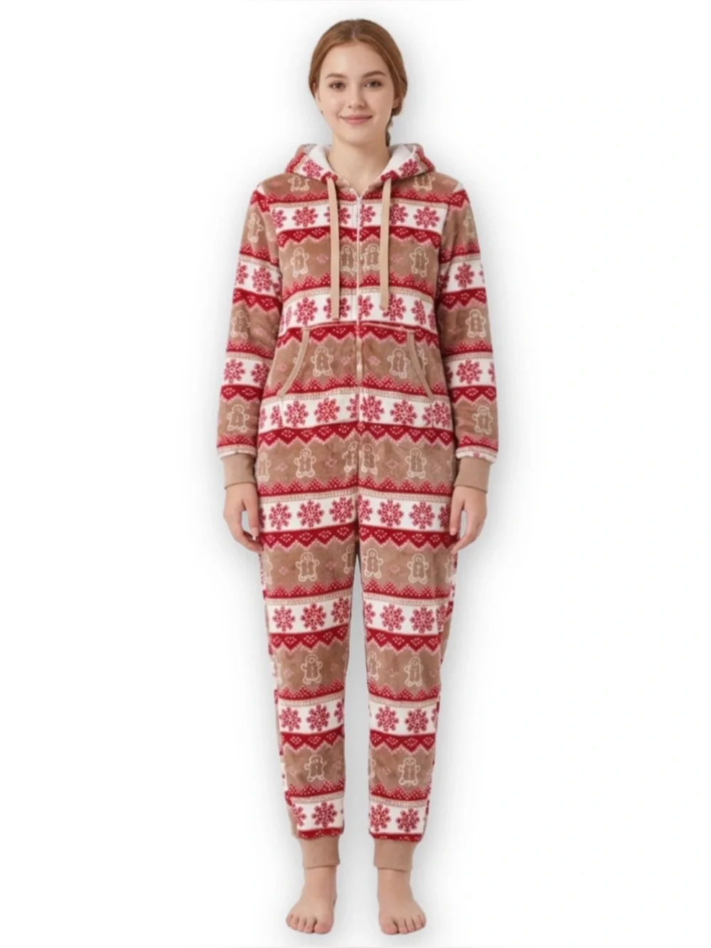 Holiday Time Womens XS 0-2 One Piece Pajamas Gingerbread Snowflake Hooded Fleece